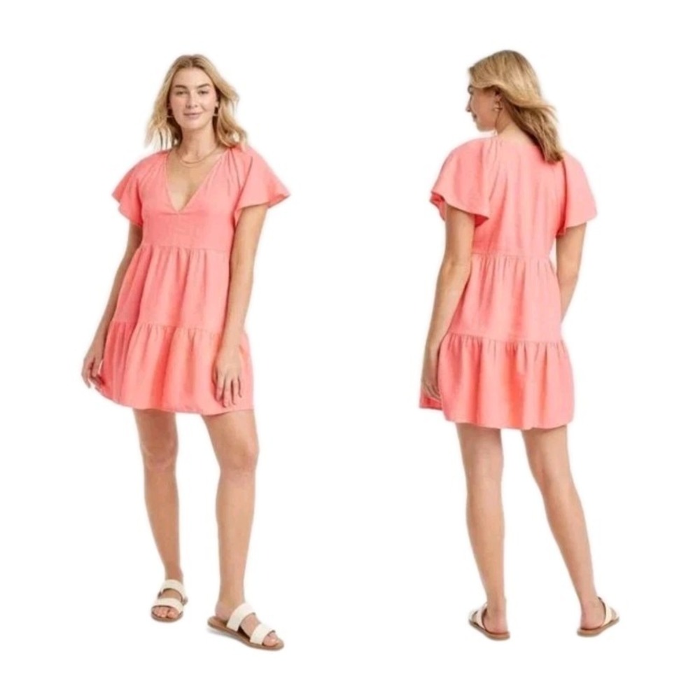 Universal Threa Short Sleeve Knee Length Dress Linen Blend Women's‎ XS Peach